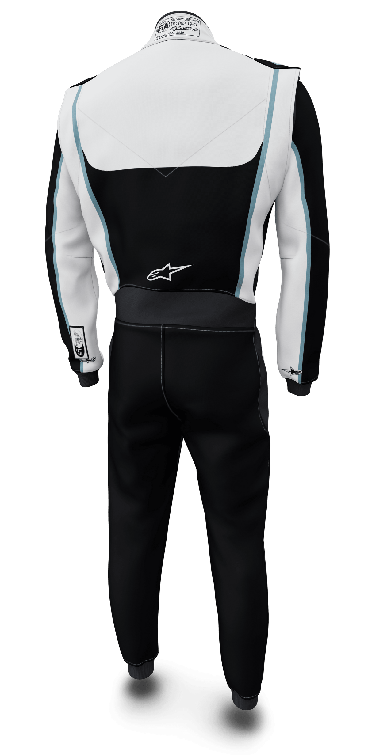 Alpinestars Tech Vision V3 Made To Measure Custom Suit, Auto Racing, Black and White, Nomex, FIA/SFI certified, back view.