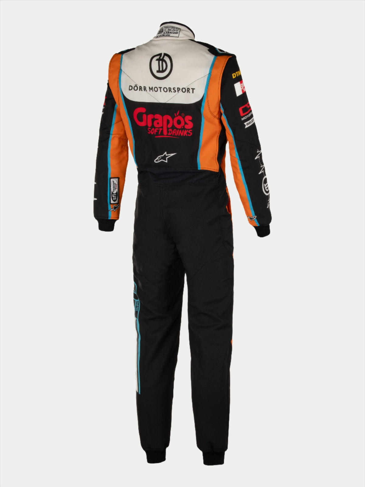 Alpinestars Tech Vision V3 Custom Suit, Rear view of a personalized auto racing suit, Black and Orange with White upper back, featuring custom 'Dörr Motorsport' and 'Grapos' sponsor logos, light blue accents, professional FIA/SFI certified racing gear