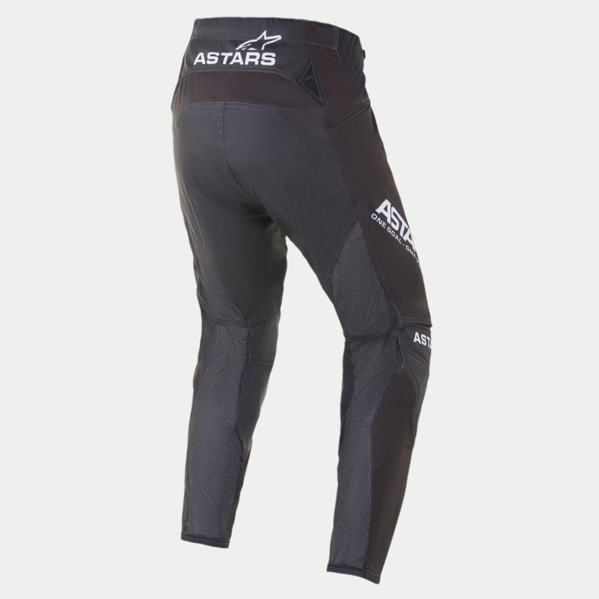 Alpinestars 2021 Techstar Phantom Pants, Motocross Pants, Black and White, rear view featuring white ASTARS branding on the waistband and side thigh, charcoal textured mesh panels on the legs, and a performance race fit design.