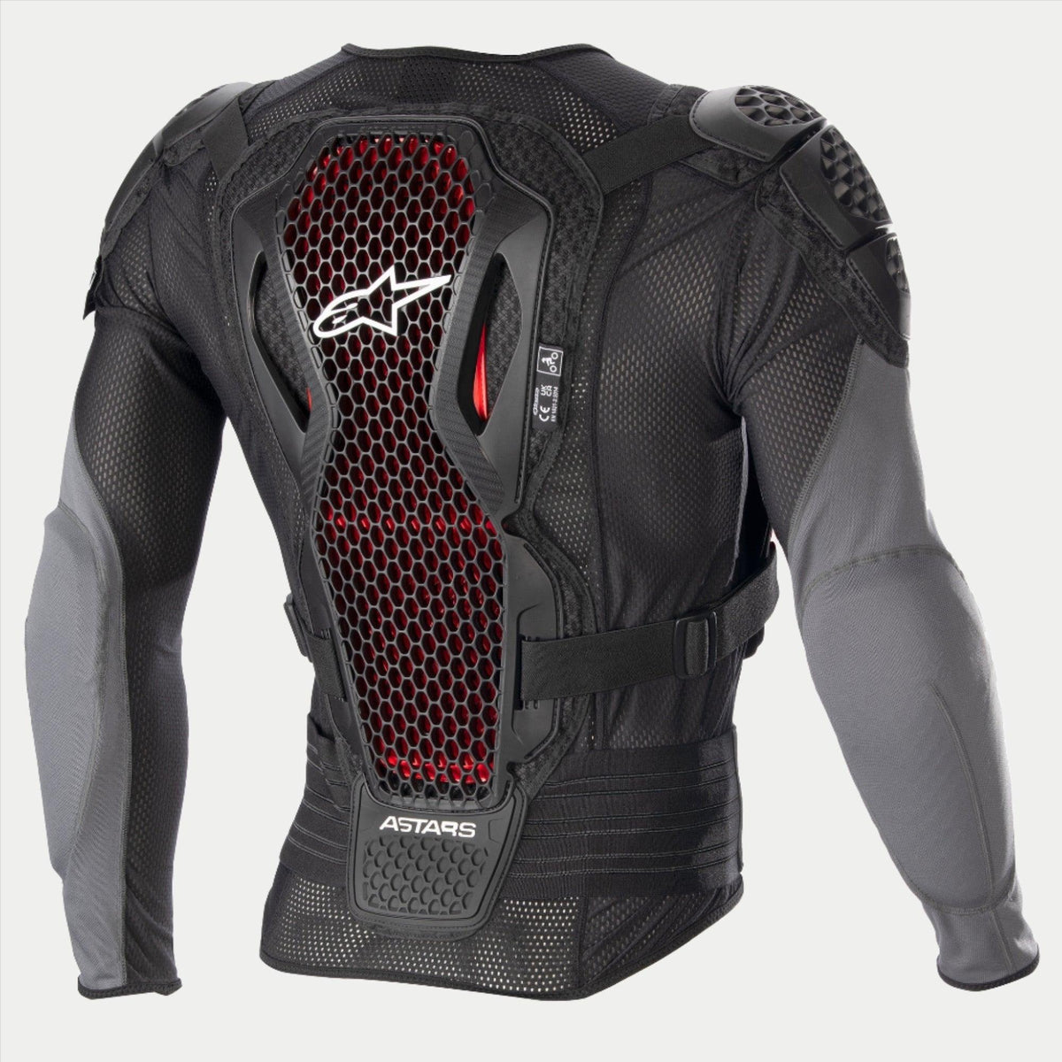 Alpinestars Bionic Plus V2 Protection Jacket, Motocross Protection Jacket, Black and Anthracite Gray with Red honeycomb details, back view showing the Level 2 Nucleon Cell technology back protector, perforated mesh fabric, and integrated shoulder and elbow armor.