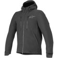 Alpinestars Domino Tech Jacket, Urban Motorcycle Jacket, Black, featuring a fixed hood with drawstrings, central front zipper, dual vertical chest zippers, and adjustable cuff straps, subtle gray Astar logo on left chest, technical softshell design for road riding