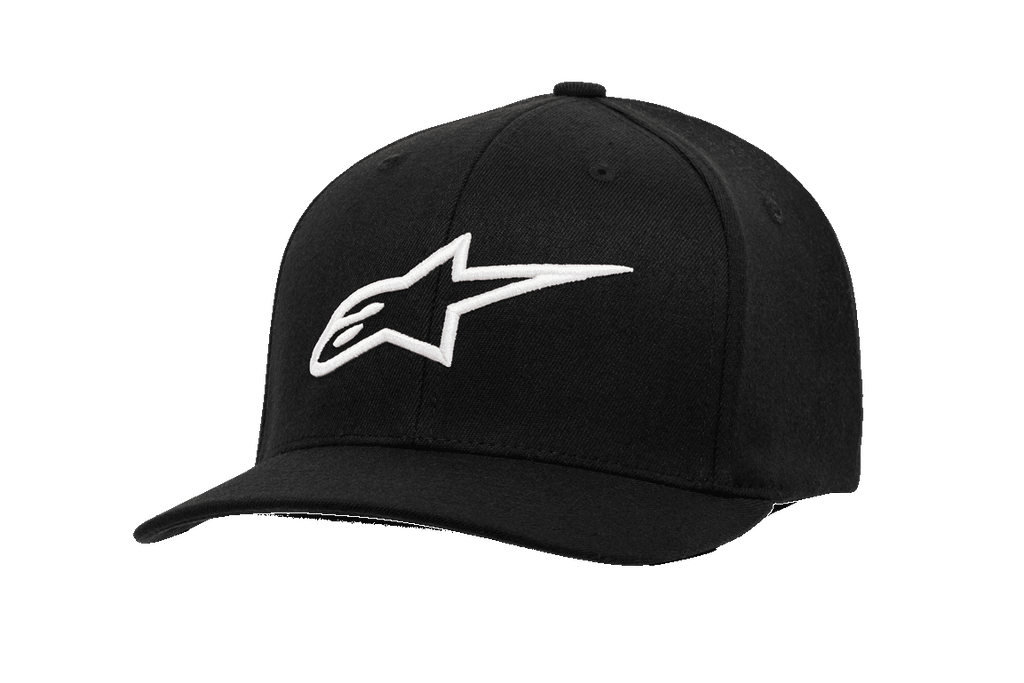 Alpinestars Ageless Curve Hat, Black Baseball Cap with White 3D Embroidered Star Logo, Curved Brim, Structured Crown, Twill Fabric, Casual Motorsport Sportswear