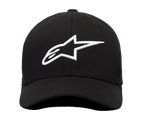 Alpinestars Ageless Curve Hat, Front View, Black Twill Fabric with 3D Embroidered White Alpinestars Logo, Curved Brim Baseball Cap, Casual Sportswear Style