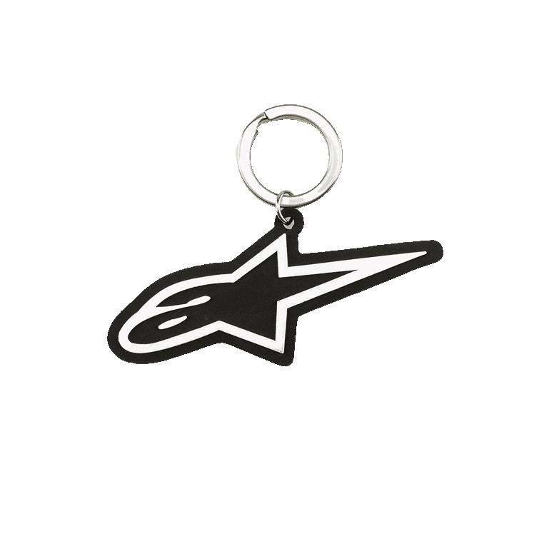 Alpinestars Ageless Key Fob, 3D Rubber Keychain, Black and White Blaze logo design, silver metal snap ring, motorsport-inspired accessory