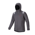 Alpinestars A-Dura Rain Jacket, Mountain Bike Rain Shell, Dark Titanium Gray, hooded design with red star logo, light gray shoulder details, adjustable velcro cuffs, technical waterproof performance gear for MTB.