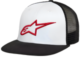 Alpinestars Corp Trucker Hat, white front panel with a black flat bill and black mesh back, featuring a 3D embroidered red Alpinestars star logo, casual motorsport streetwear