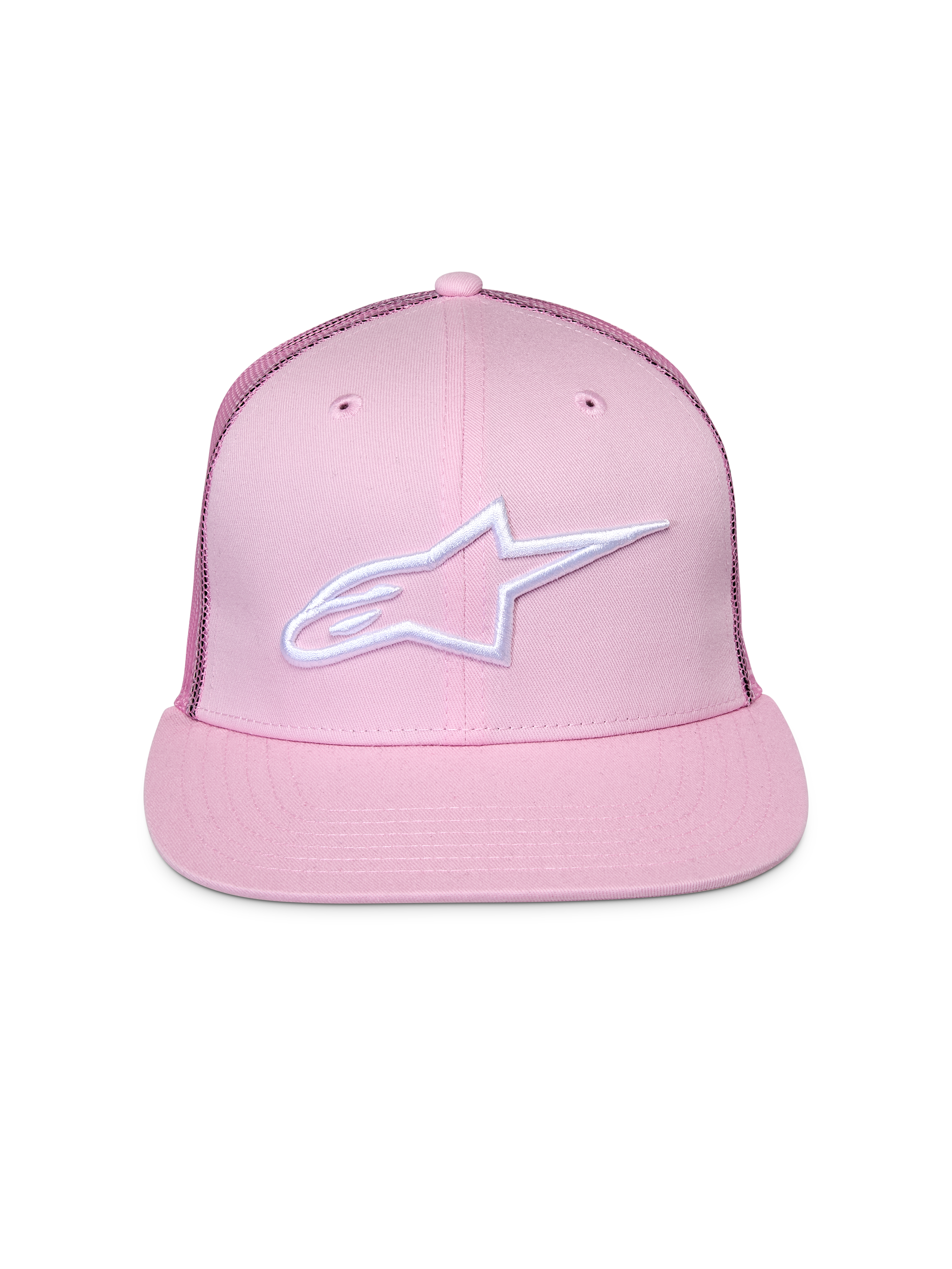 Alpinestars Corp Trucker Hat, Pink, featuring white embroidered logo on front, flat bill with structured crown, mesh back panels, casual motorsport headwear