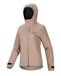 Alpinestars Stella A-Dura Rain Jacket, Women's Cycling Rain Jacket, Light Brown, hooded design with front zipper and storm flap, black adjustable Velcro cuffs, featuring a small chest logo, waterproof and breathable performance material for MTB riding