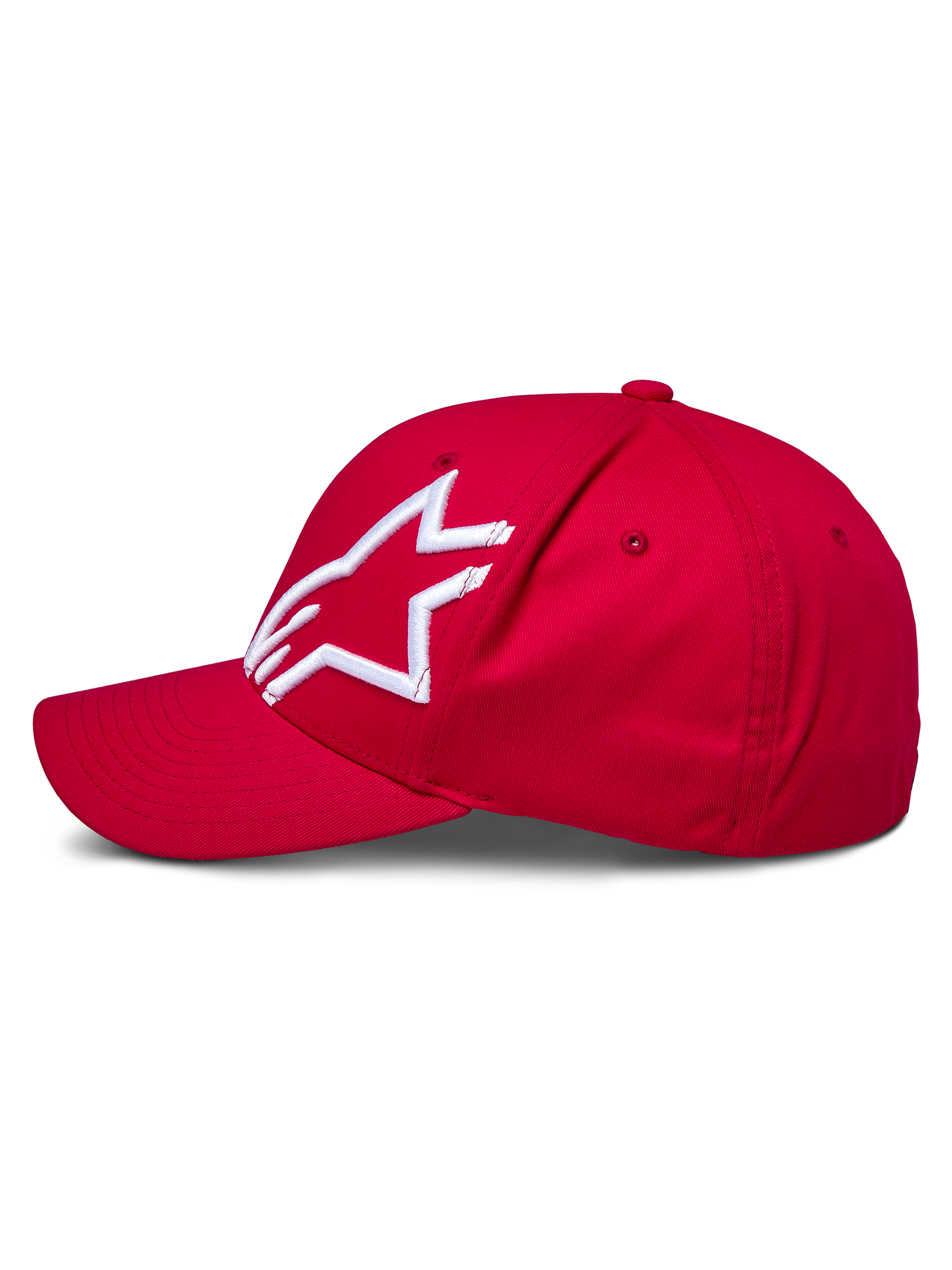 Alpinestars Corp Shift 2 Curved Brim Hat, Red, featuring a white 3D embroidered Alpinestars logo on the left panel, side view, structured crown with curved bill, casual motorsport-inspired headwear