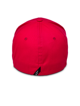 Alpinestars Corp Shift 2 Curved Brim, Red, back view showing flex-back design and small black Alpinestars logo tag, structured crown in red stretch twill, casual motorsport headwear