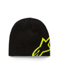 Alpinestars Corp Shift Beanie, Knit Beanie, Black and Hi-Vis Yellow, featuring a large jacquard Alpinestars logo on the side, sweater-knit jersey stitch, casual motorsport-inspired headwear