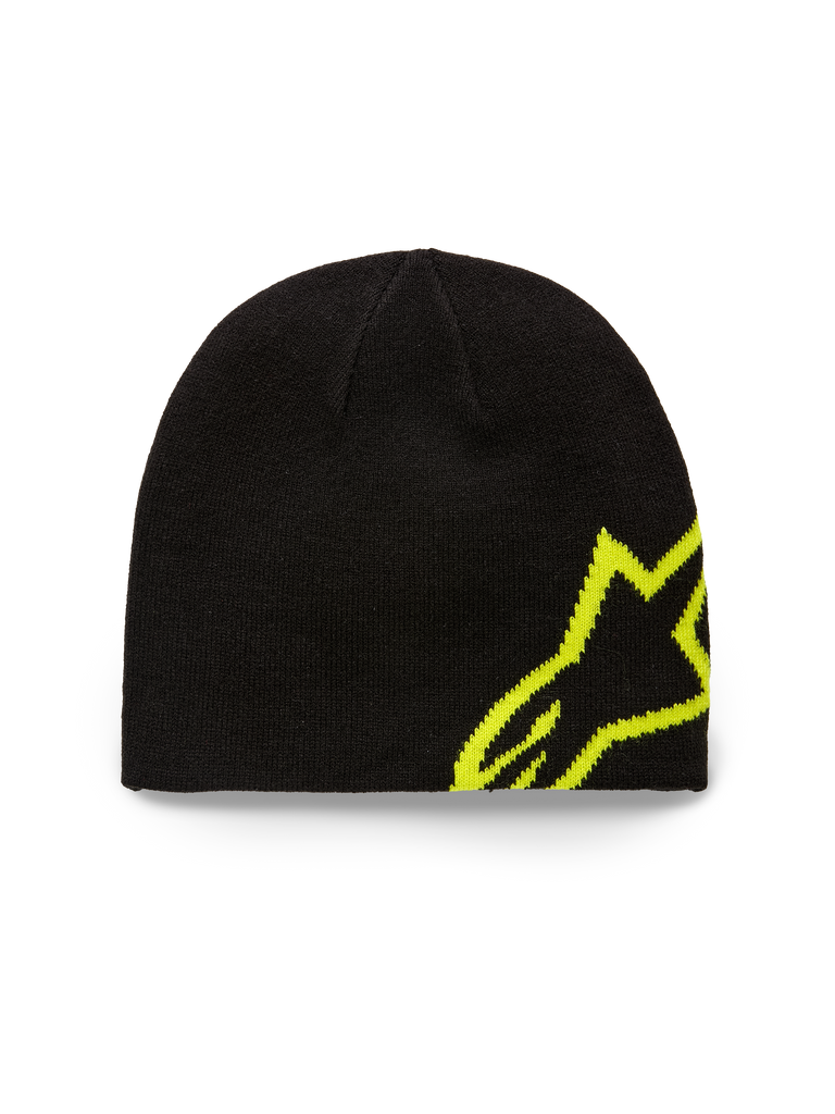 Alpinestars Corp Shift Beanie, Knit Beanie, Black and Hi-Vis Yellow, featuring a large jacquard Alpinestars logo on the side, sweater-knit jersey stitch, casual motorsport-inspired headwear