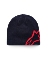 Alpinestars Corp Shift Beanie, Knit Beanie, Navy Blue and Bright Red, featuring a large red jacquard star logo on the side, sweater knit jersey stitch construction, casual sportswear accessory