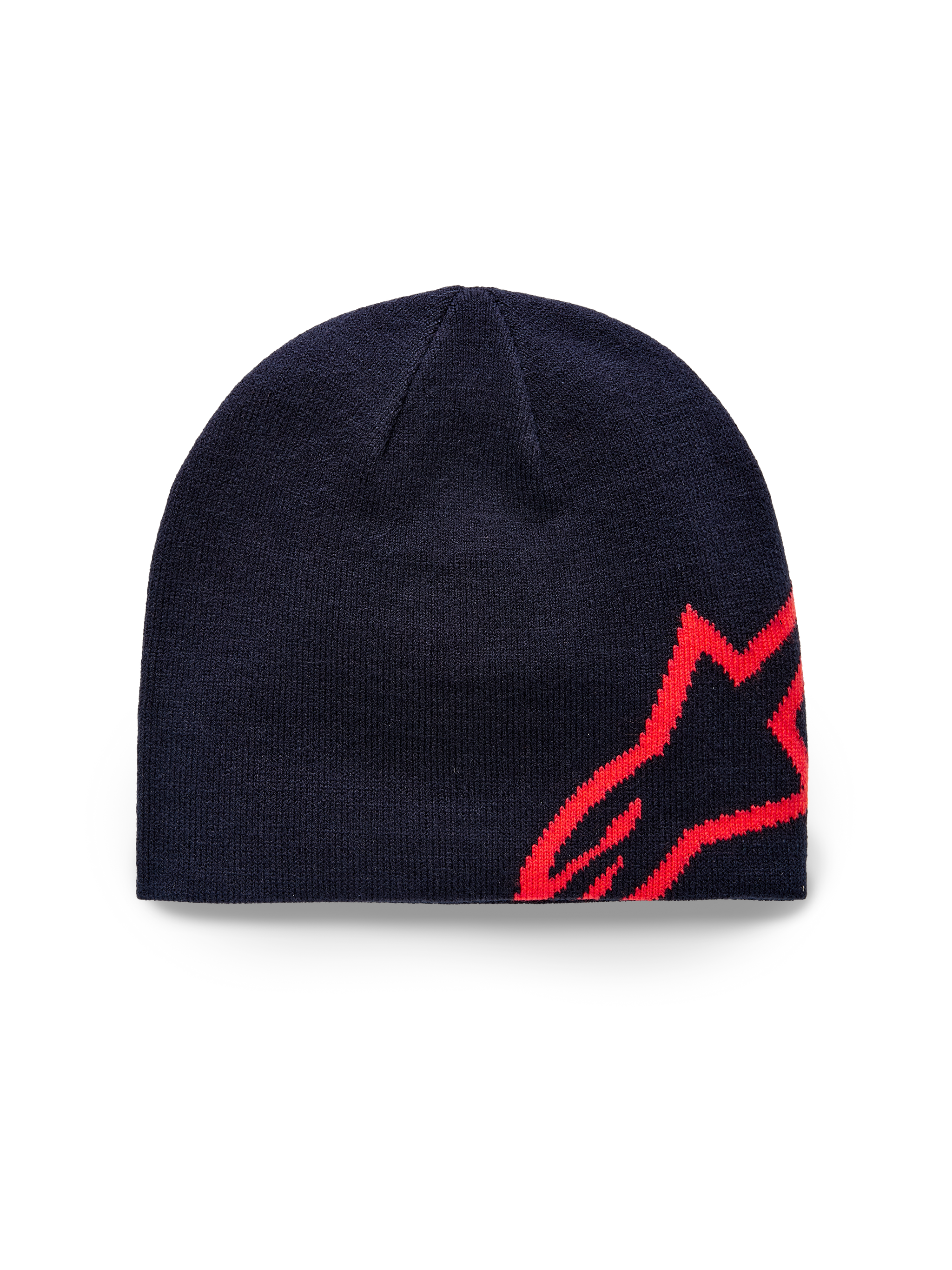Alpinestars Corp Shift Beanie, Knit Beanie, Navy Blue and Bright Red, featuring a large red jacquard star logo on the side, sweater knit jersey stitch construction, casual sportswear accessory