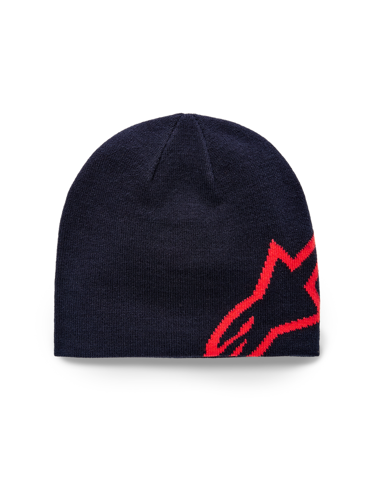 Alpinestars Corp Shift Beanie, Knit Beanie, Navy Blue and Bright Red, featuring a large red jacquard star logo on the side, sweater knit jersey stitch construction, casual sportswear accessory
