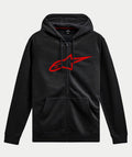 Alpinestars Ageless Zip V3 Hoodie, casual streetwear, black with large red Alpinestars logo on the chest, full-zip front, drawstring hood, long sleeves, ribbed cuffs and hem