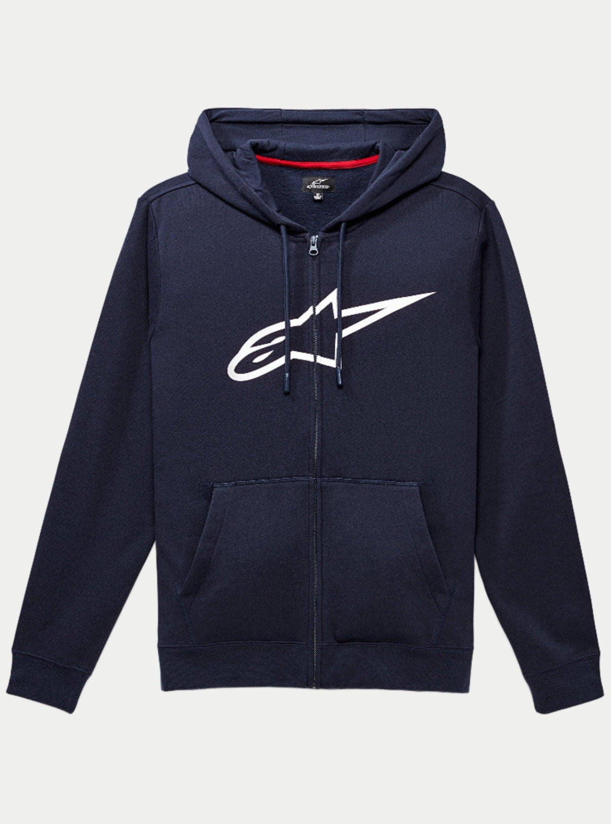 Alpinestars Ageless Zip V3 Hoodie, navy blue full-zip fleece hoodie with a large white Alpinestars logo on the chest, drawstring hood, front pouch pockets, casual motorsport-inspired streetwear