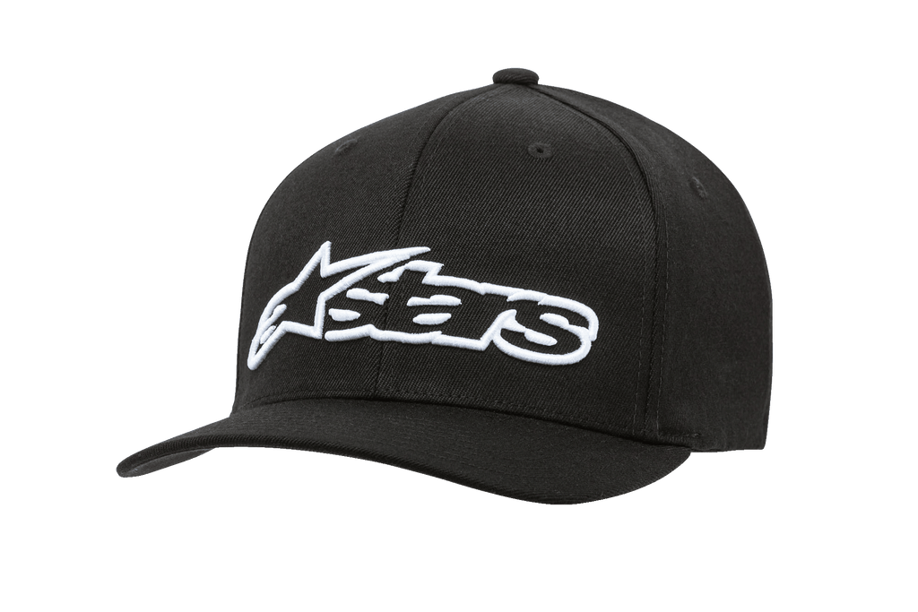 Alpinestars Blaze Flexfit Hat, Black Baseball Cap with White 3D Embroidered Logo, Curved Brim, Structured Six-Panel Crown with Ventilation Eyelets, Casual Motorsport Headwear
