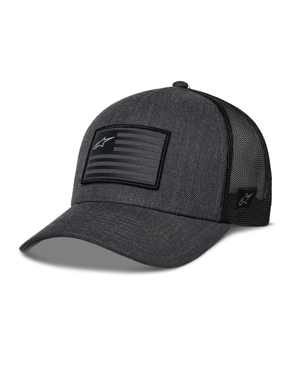 Alpinestars Flag Snapback Hat, Charcoal Heather and Black, Trucker Style Baseball Cap, Rectangular Flag Patch with Star Logo, Curved Brim and Breathable Mesh Back