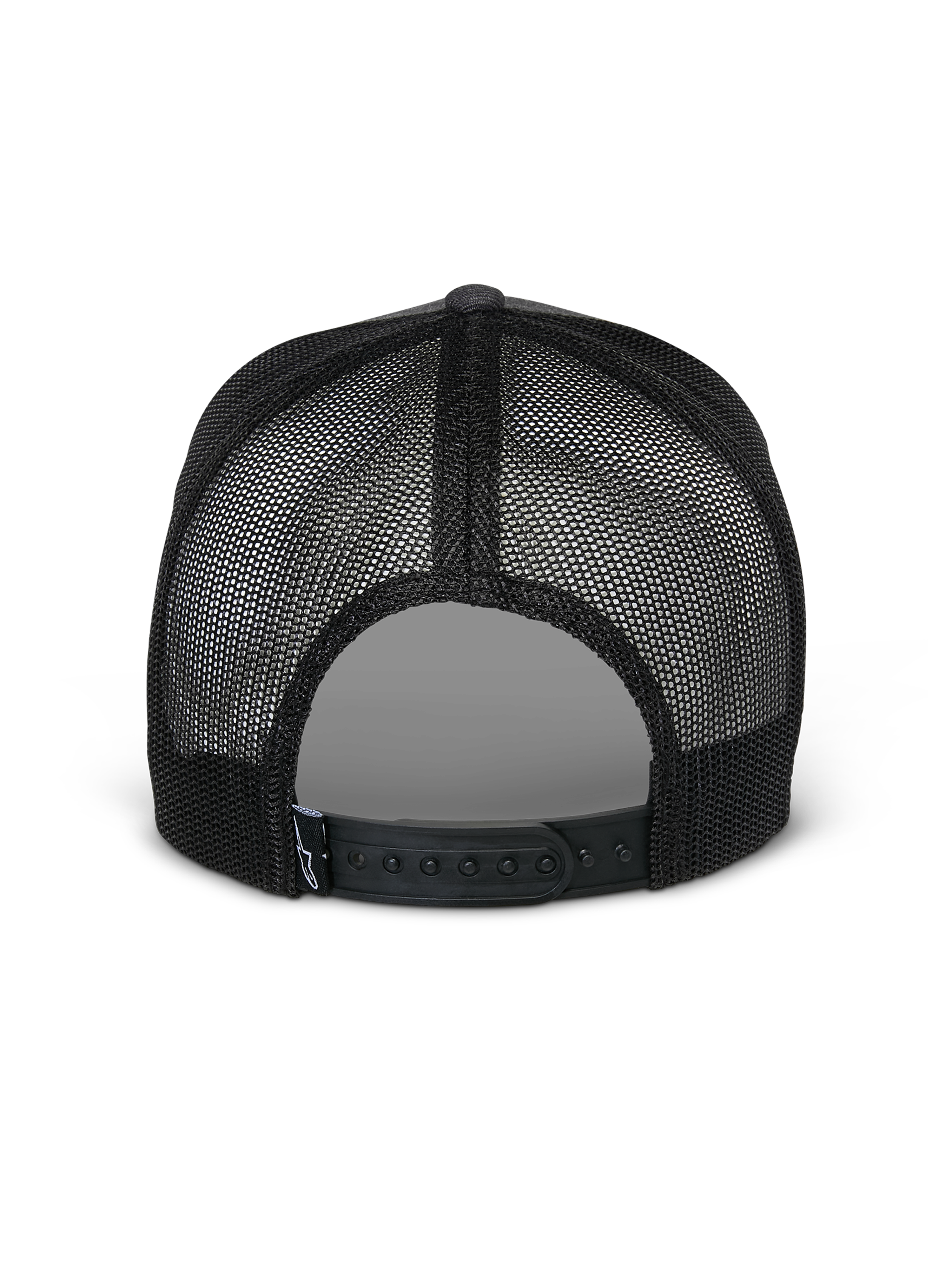 Alpinestars Flag Snapback Hat, rear view, Charcoal Heather Black, featuring breathable black mesh panels and adjustable snapback closure, casual motorsport-inspired headwear