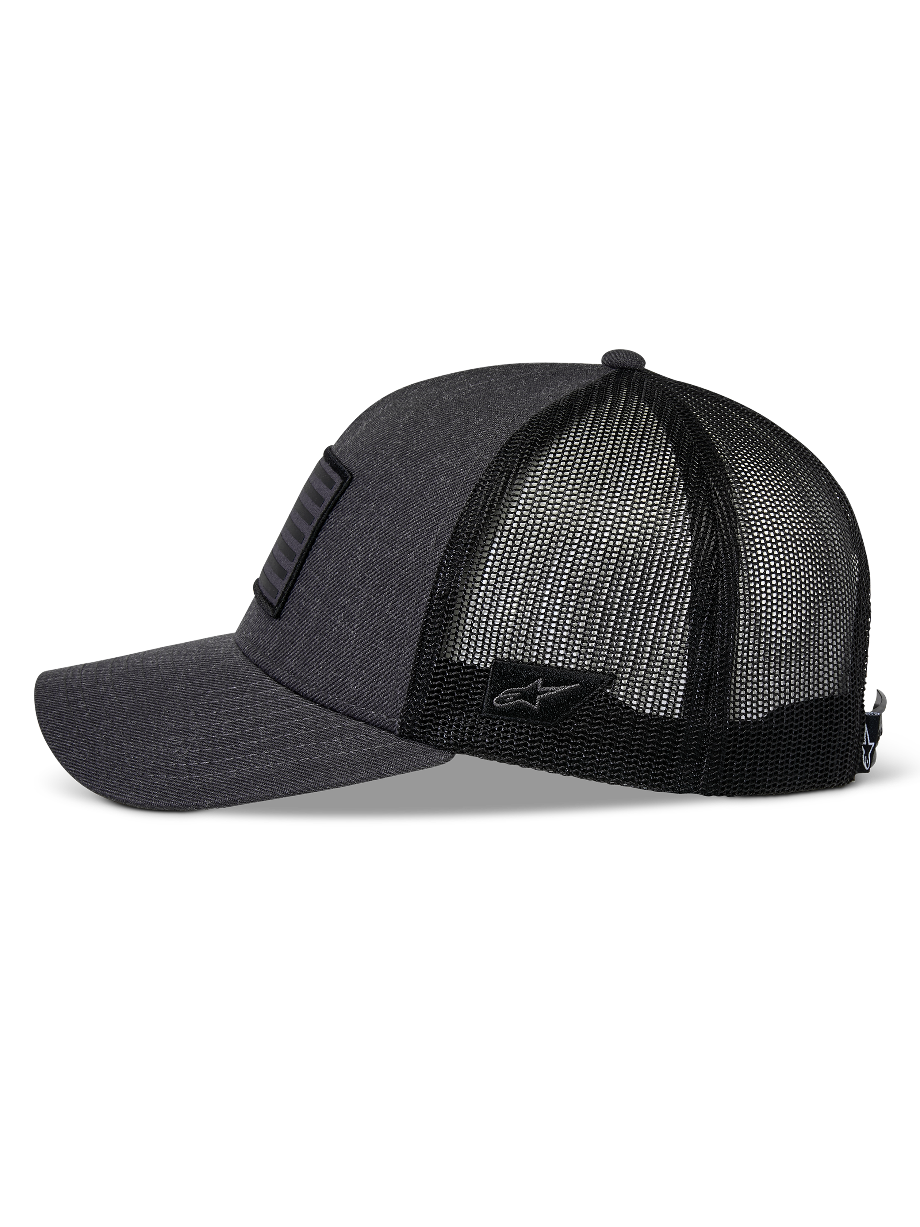 Alpinestars Flag Snapback Hat, Charcoal Heather and Black, side profile view, curved bill with structured crown, twill front and black poly mesh back, small Astars logo patch on the side, casual motorsport headwear