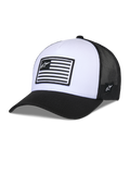 Alpinestars Flag Snapback Hat, White and Black, Structured crown with curved bill, white front panel and black mesh back, featuring a rectangular flag-style logo patch, casual motorsport-inspired headwear