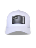 Alpinestars Flag Snapback Hat, White, structured crown with curved bill, front black and white rectangular patch with Alpinestars logo, casual motorsport-inspired headwear