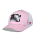 Alpinestars Flag Snapback Hat, Pink and White, curved bill with structured crown, twill front with white mesh back, featuring a black and white flag patch with pink Astars logo, casual motorsport-inspired sportswear