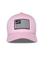 Alpinestars Flag Snapback Hat, Pink and White, featuring a pink twill front and white mesh back, curved bill, front patch with flag design and pink Astars logo, casual motorsport streetwear