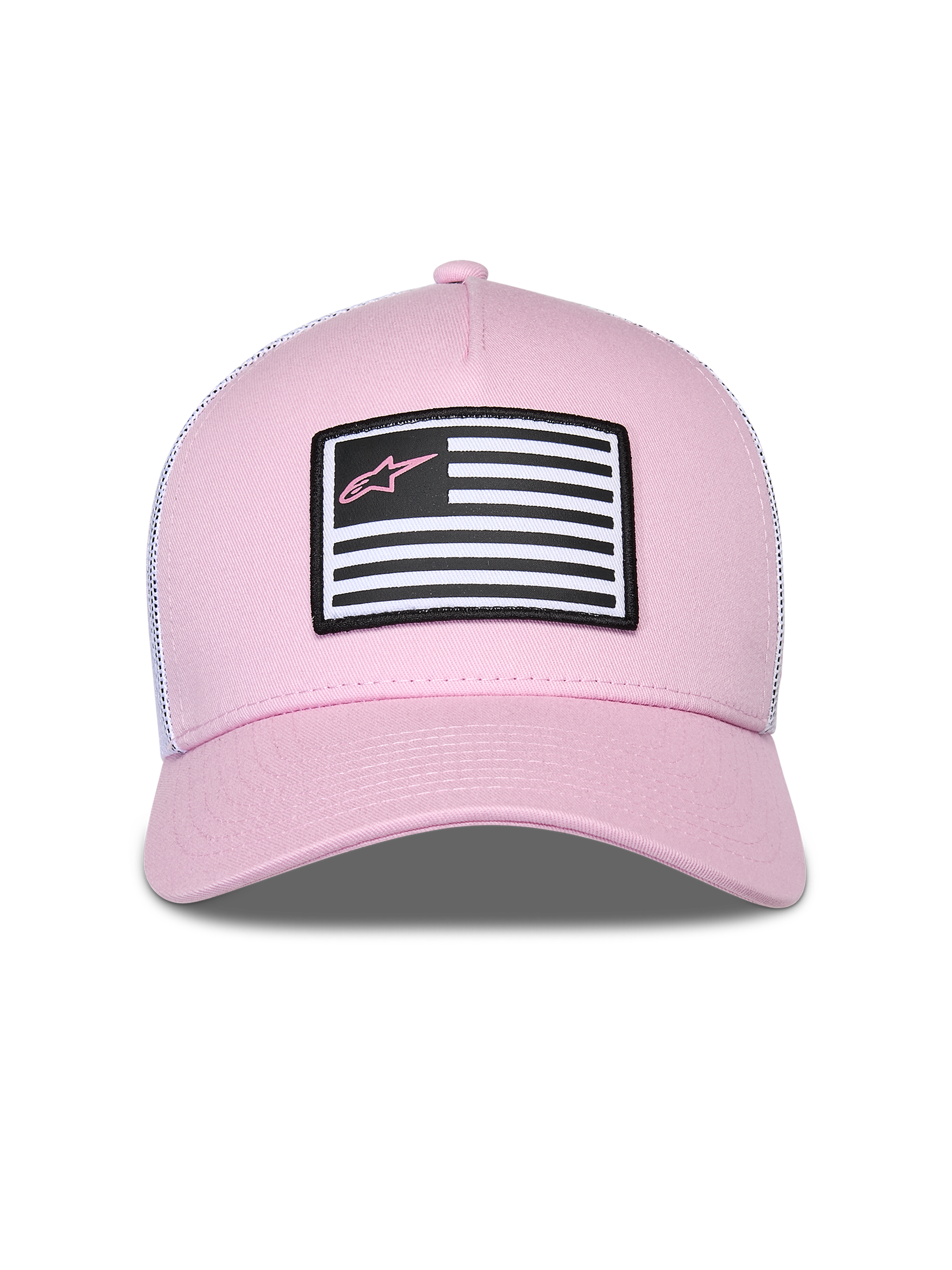 Alpinestars Flag Snapback Hat, Pink and White, featuring a pink twill front and white mesh back, curved bill, front patch with flag design and pink Astars logo, casual motorsport streetwear