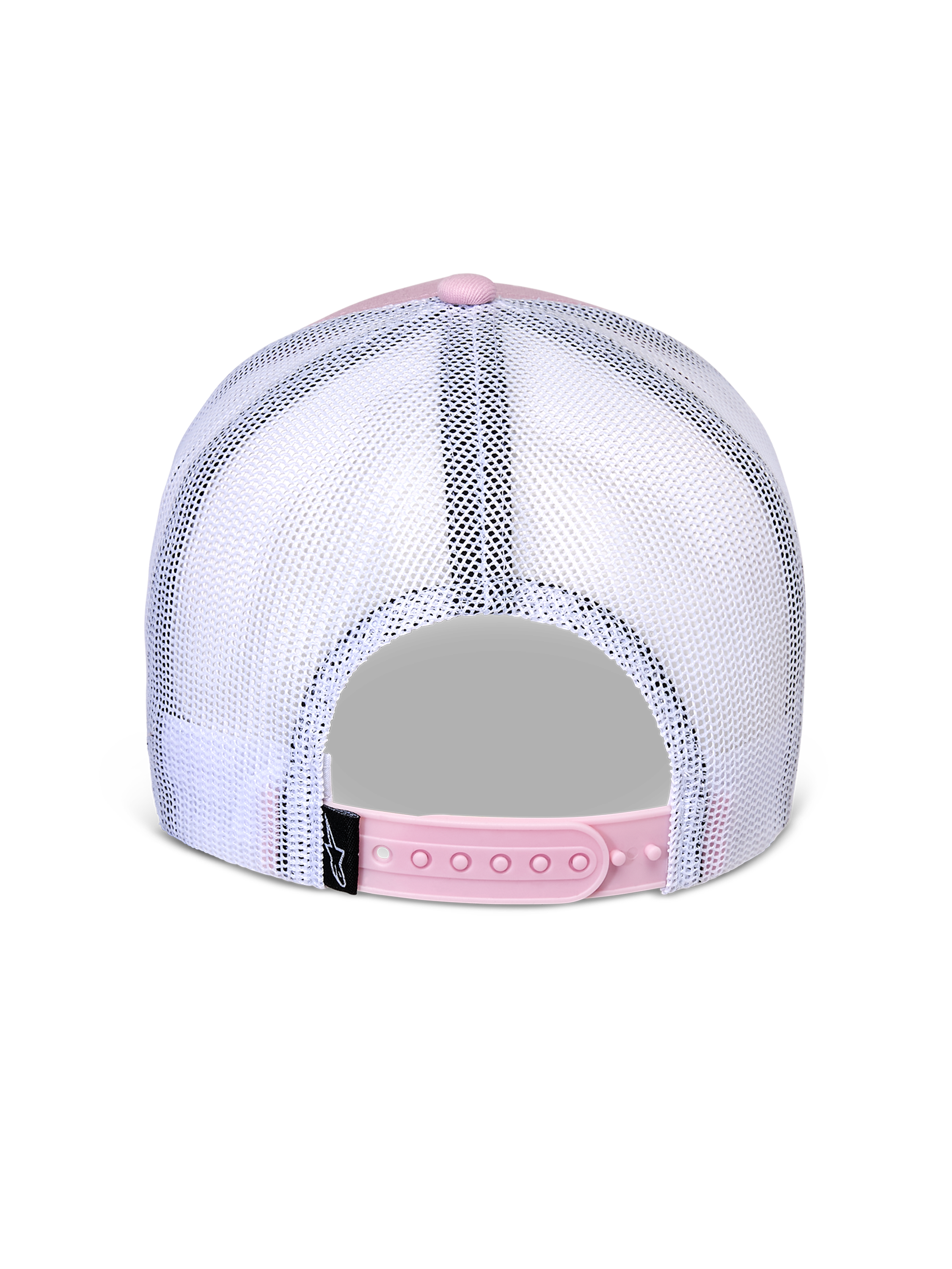 Alpinestars Flag Snapback Hat, back view, Pink and White, breathable white mesh panels with pink adjustable snapback closure, small black Alpinestars logo label, casual motorsport-inspired headwear