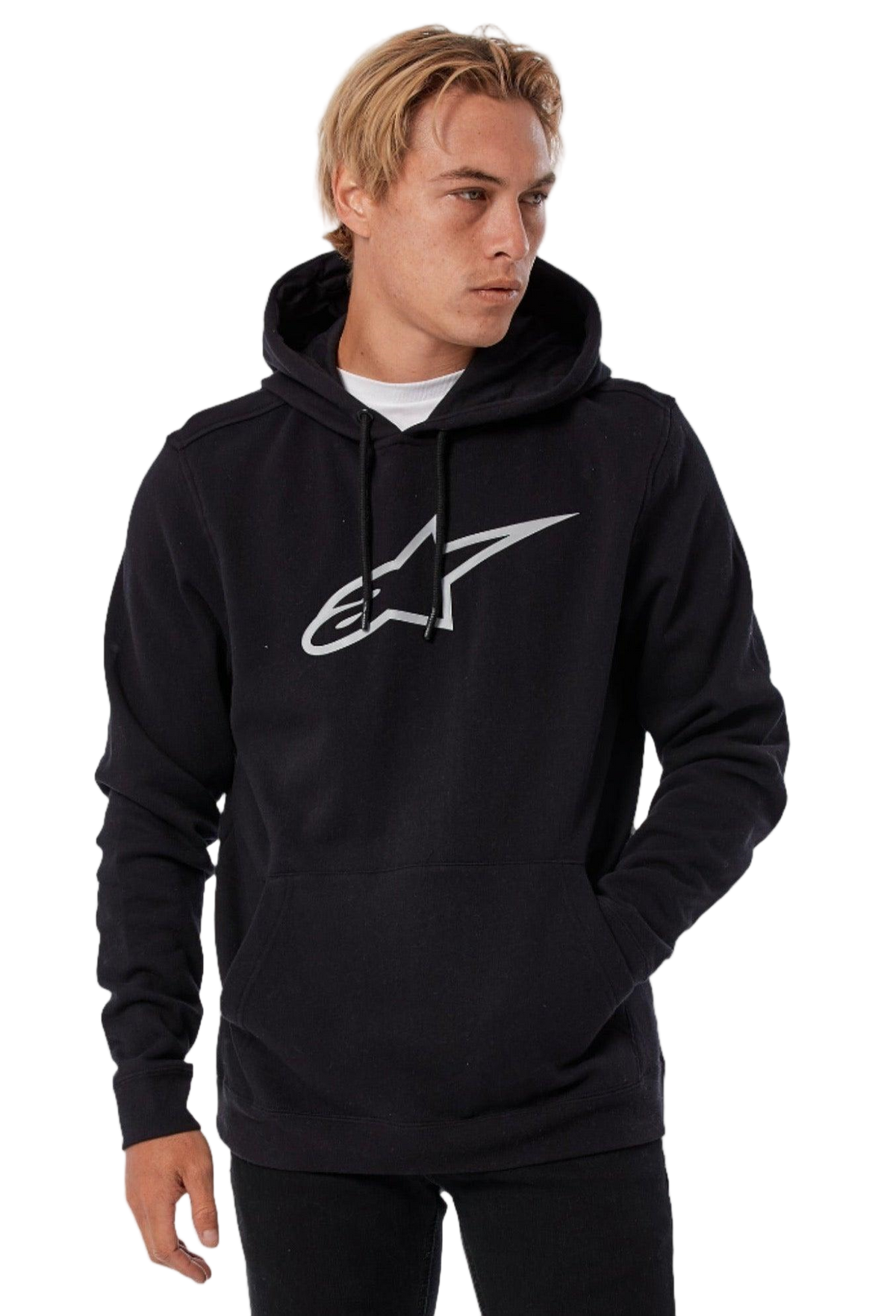 Man wearing Alpinestars Ageless V3 Hoodie, Black with a large grey outlined Astars logo on the chest, casual streetwear featuring a drawstring hood and kangaroo pocket, comfortable lifestyle apparel