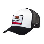 Alpinestars Cali 2.0 Hat, White and Black Trucker Cap, curved bill with structured crown, California bear woven patch with Alpinestars branding, black poly mesh back, casual motorsport style