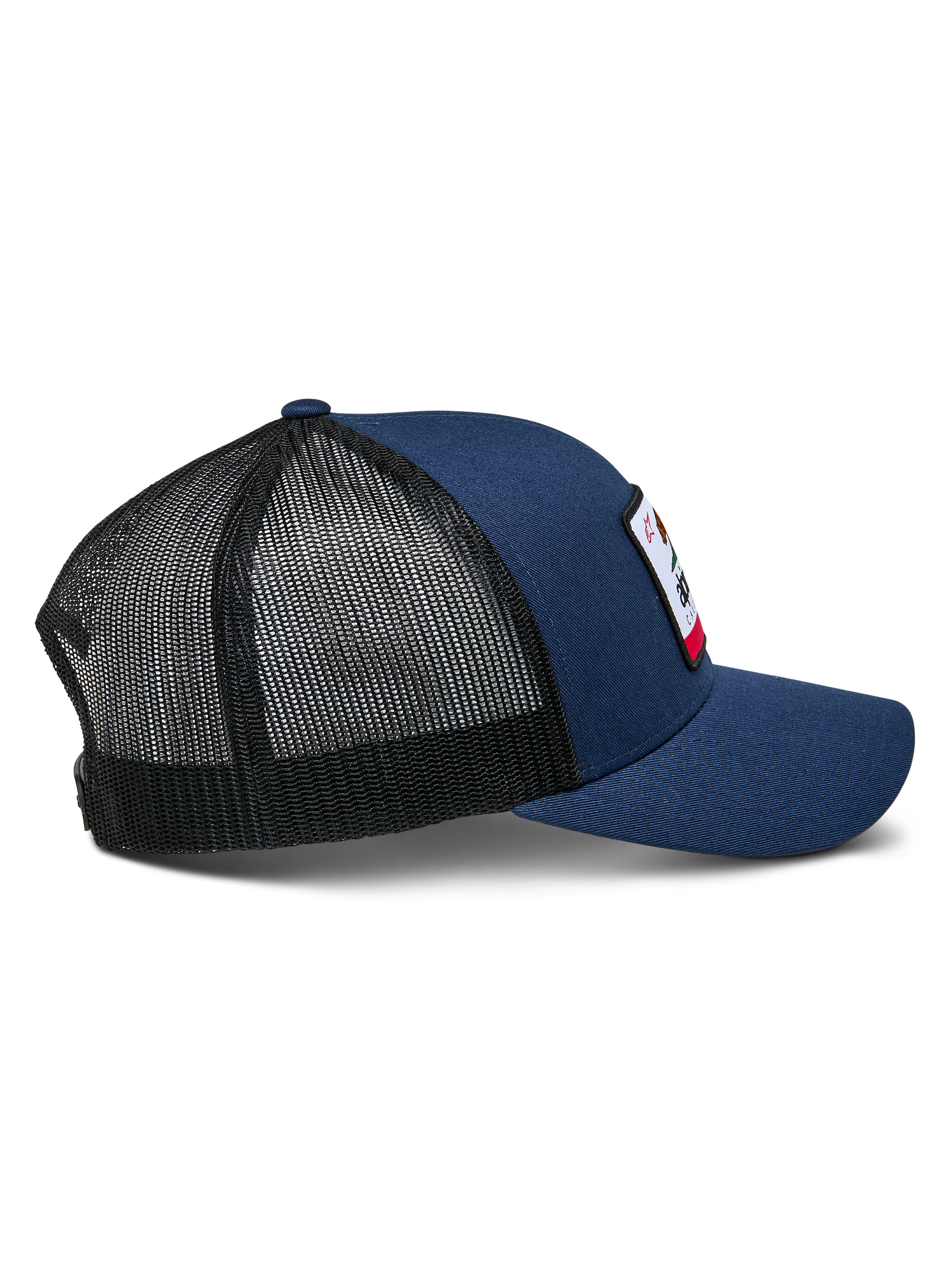 Alpinestars Cali 2.0 Hat, Navy Blue with Black mesh, side profile view, structured trucker cap with curved bill and twill front, breathable poly mesh back, casual motorsport headwear