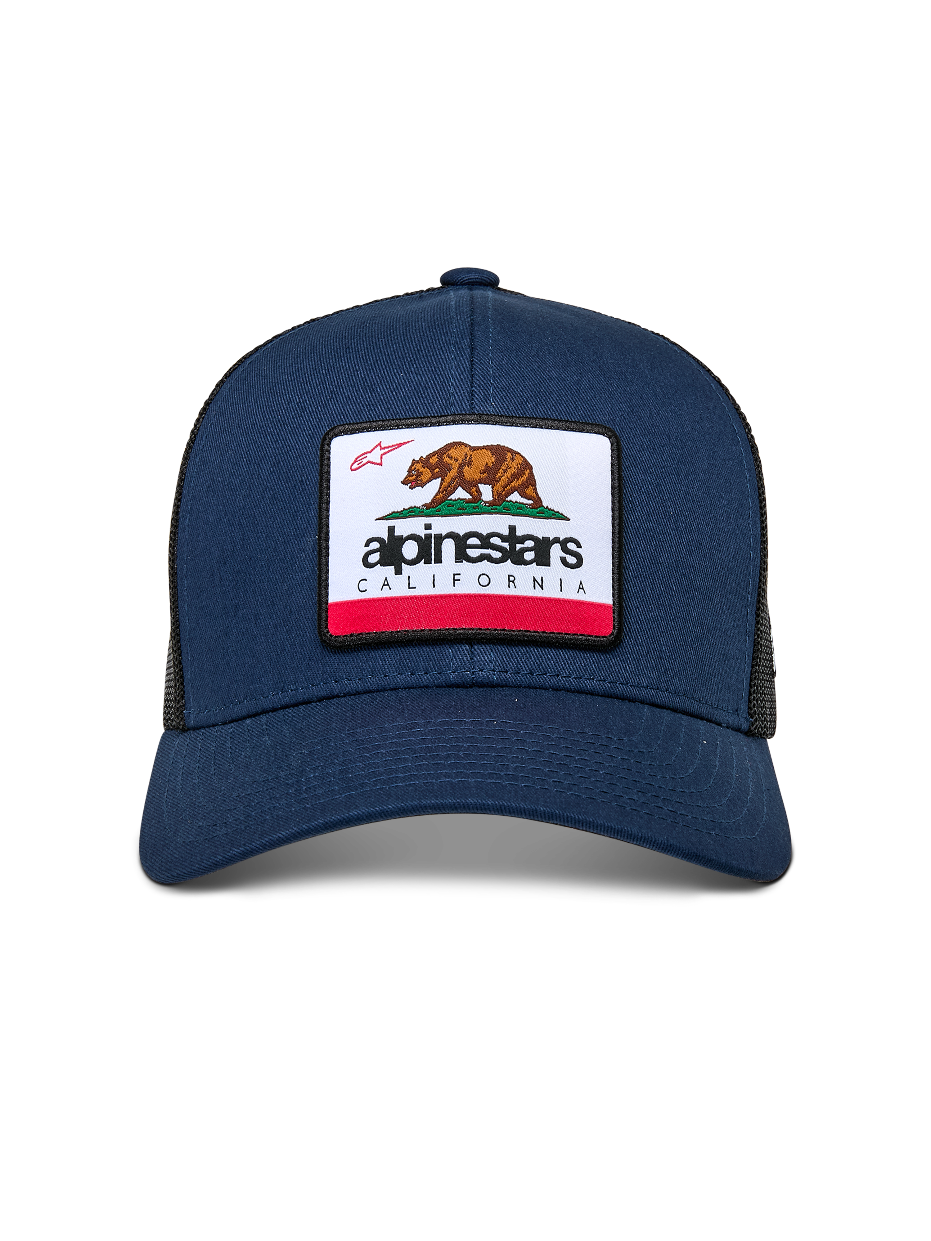 Alpinestars Cali 2.0 Hat, Navy Blue, featuring a woven merrow patch with a California bear and Alpinestars branding, curved bill, structured crown with poly mesh back, casual motorsport streetwear