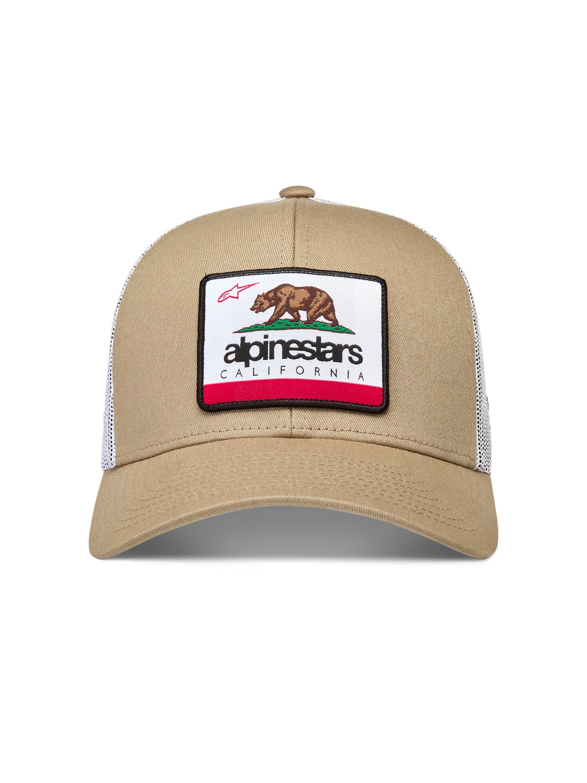 Alpinestars Cali 2.0 Hat, sportswear snapback with curved bill, Sand and White mesh, featuring a California bear woven patch.