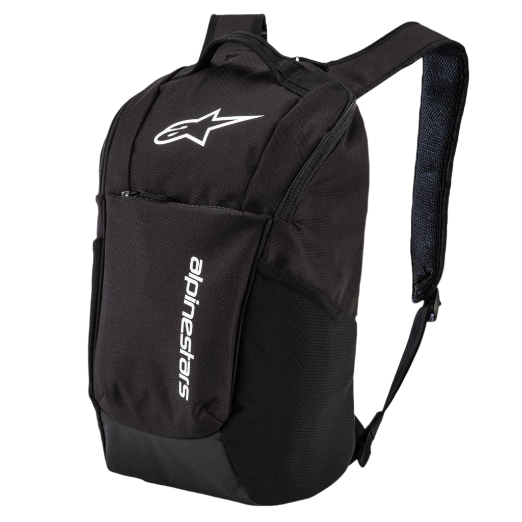 Alpinestars Defcon V2 Backpack, Black, small-size daily backpack with white printed logo and vertical branding, featuring side mesh pockets and airmesh shoulder straps, durable 600D polyester design