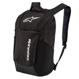 Alpinestars Defcon V2 Backpack, Black, small-size daily backpack with white printed logo and vertical branding, featuring side mesh pockets and airmesh shoulder straps, durable 600D polyester design