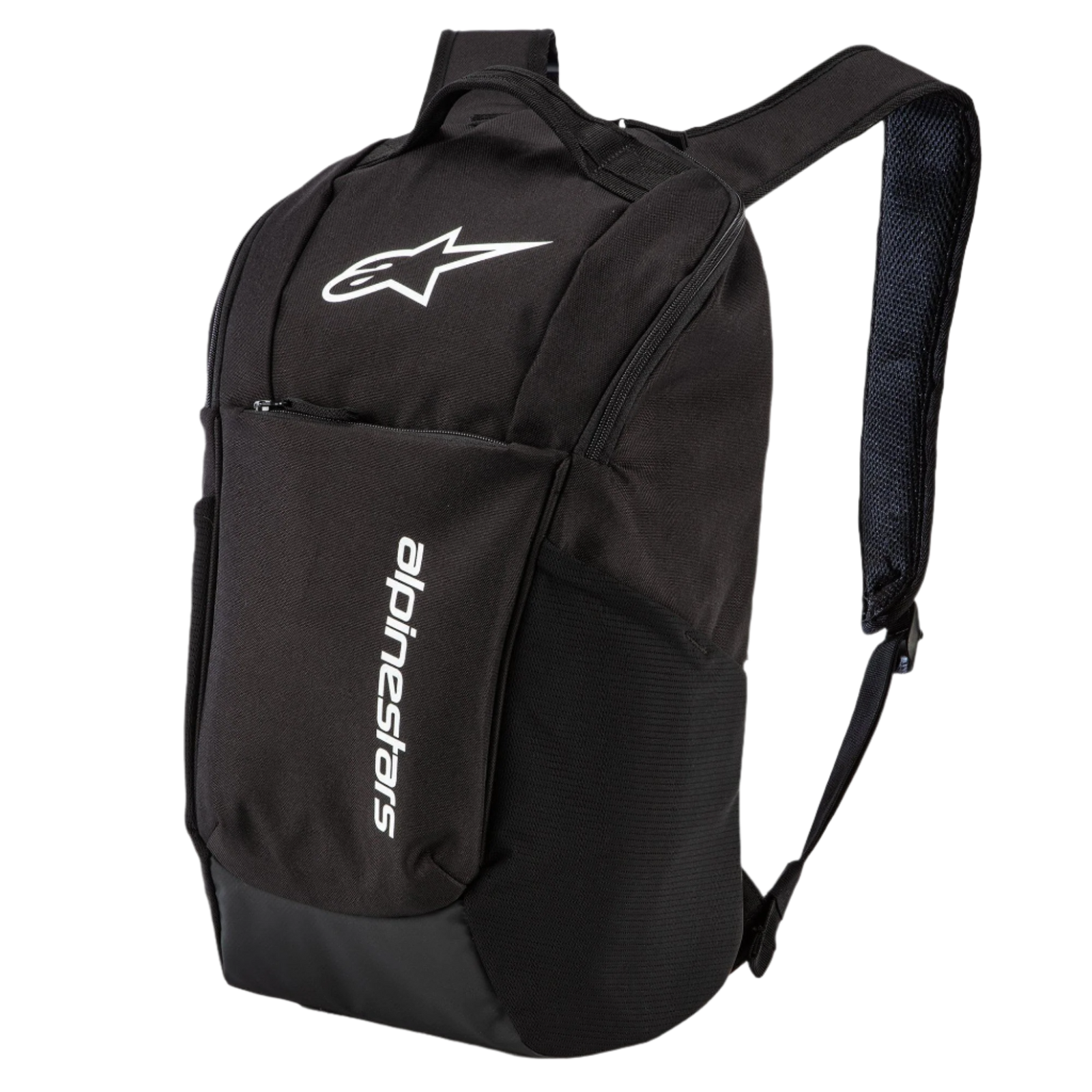 Alpinestars Defcon V2 Backpack, Black, small-size daily backpack with white printed logo and vertical branding, featuring side mesh pockets and airmesh shoulder straps, durable 600D polyester design