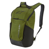 Alpinestars Defcon V2 Backpack, Sportswear Backpack, Military Green with black accents, featuring the Astar logo and vertical branding, mesh side pockets, and padded airmesh shoulder straps