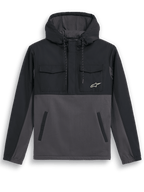 Alpinestars Juncture Hybrid Jacket, Anorak Hoodie, Black Gunmetal, mixed material design with ripstop overlay on yoke and hood, canvas fleece body, chest flap pockets, lower welt pockets, small white star logo, casual motorsport-inspired jacket