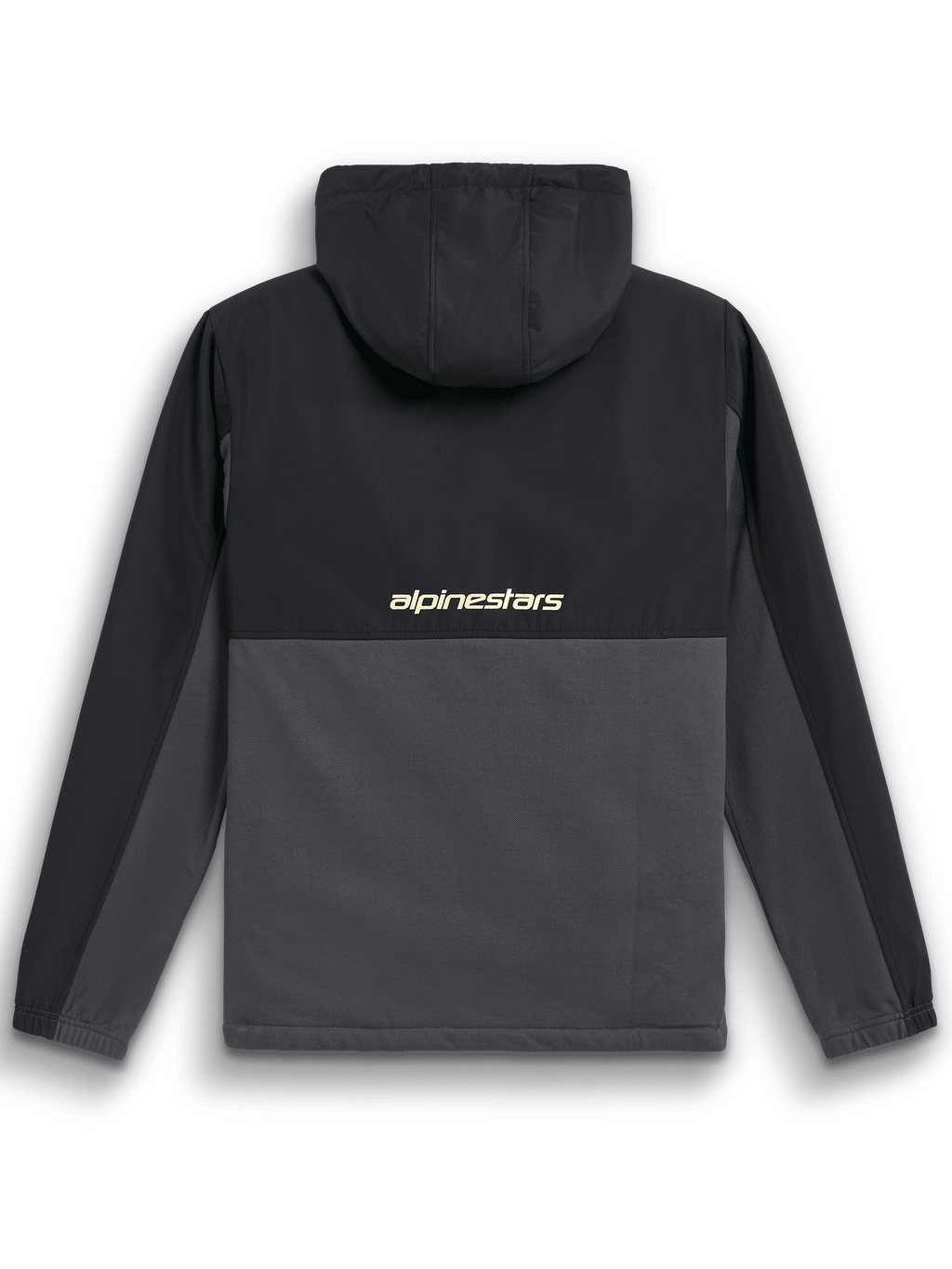Alpinestars Juncture Hybrid Jacket, Back View, Black and Gunmetal, mixed-material anorak with ripstop yoke and hood, features 'alpinestars' logo across the center back, casual motorsport streetwear
