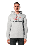 Alpinestars Always V3 Hoodie, Light Grey Heather with Red and Black Star Logo, worn by a model, casual streetwear, drawstring hood, front pouch pocket, motorsport heritage design