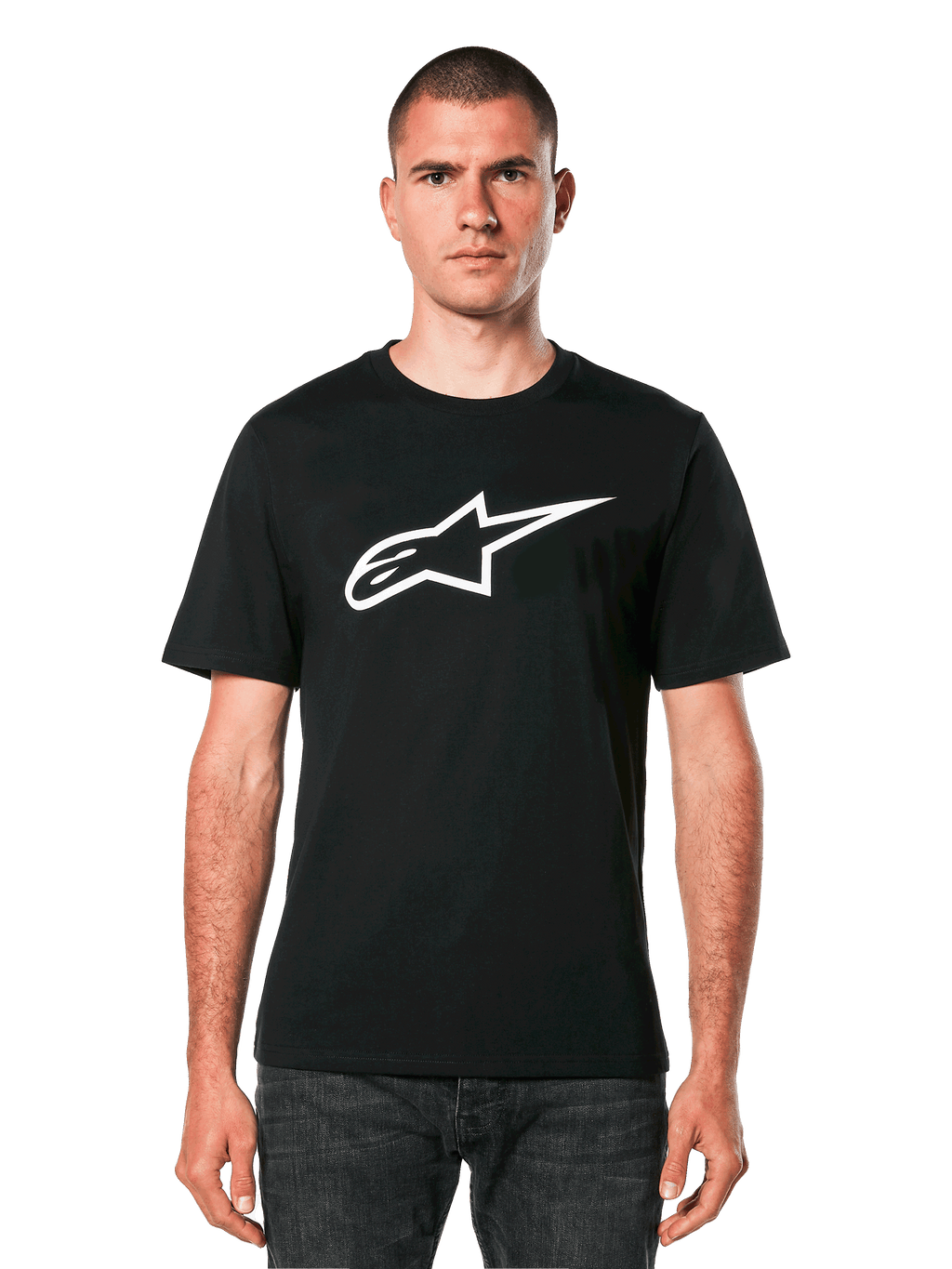 Alpinestars Ageless 2.0 CSF Tee, Black Short Sleeve T-Shirt, White Alpinestars Star Logo, Worn by Model with Dark Jeans, Casual Motorsport Streetwear