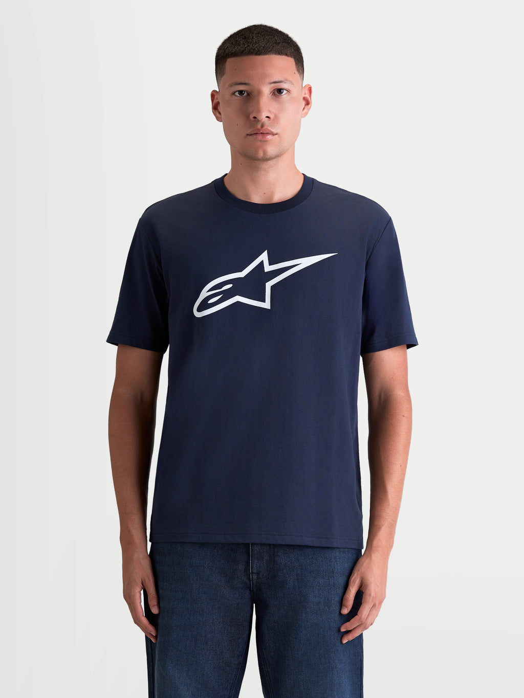 Alpinestars Ageless 2.0 CSF Tee, Men's Short Sleeve Sportswear T-Shirt, Navy Blue and White, featuring a front Ageless logo soft-hand print and a premium cut-and-sew fit.
