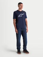 Alpinestars Ageless 2.0 CSF Tee, short-sleeve sportswear t-shirt for everyday casual wear, navy blue with a large white Alpinestars logo on the chest, premium cotton-poly blend with a cut-and-sew fit, on-model full-body view.