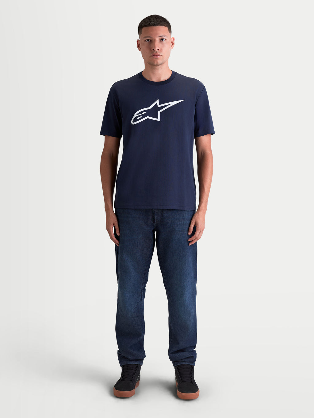 Alpinestars Ageless 2.0 CSF Tee, Casual Sportswear T-shirt, Unisex, Navy Blue and White, Combed Ring-Spun Cotton-Poly Blend, featuring a large front Ageless logo graphic on-model.