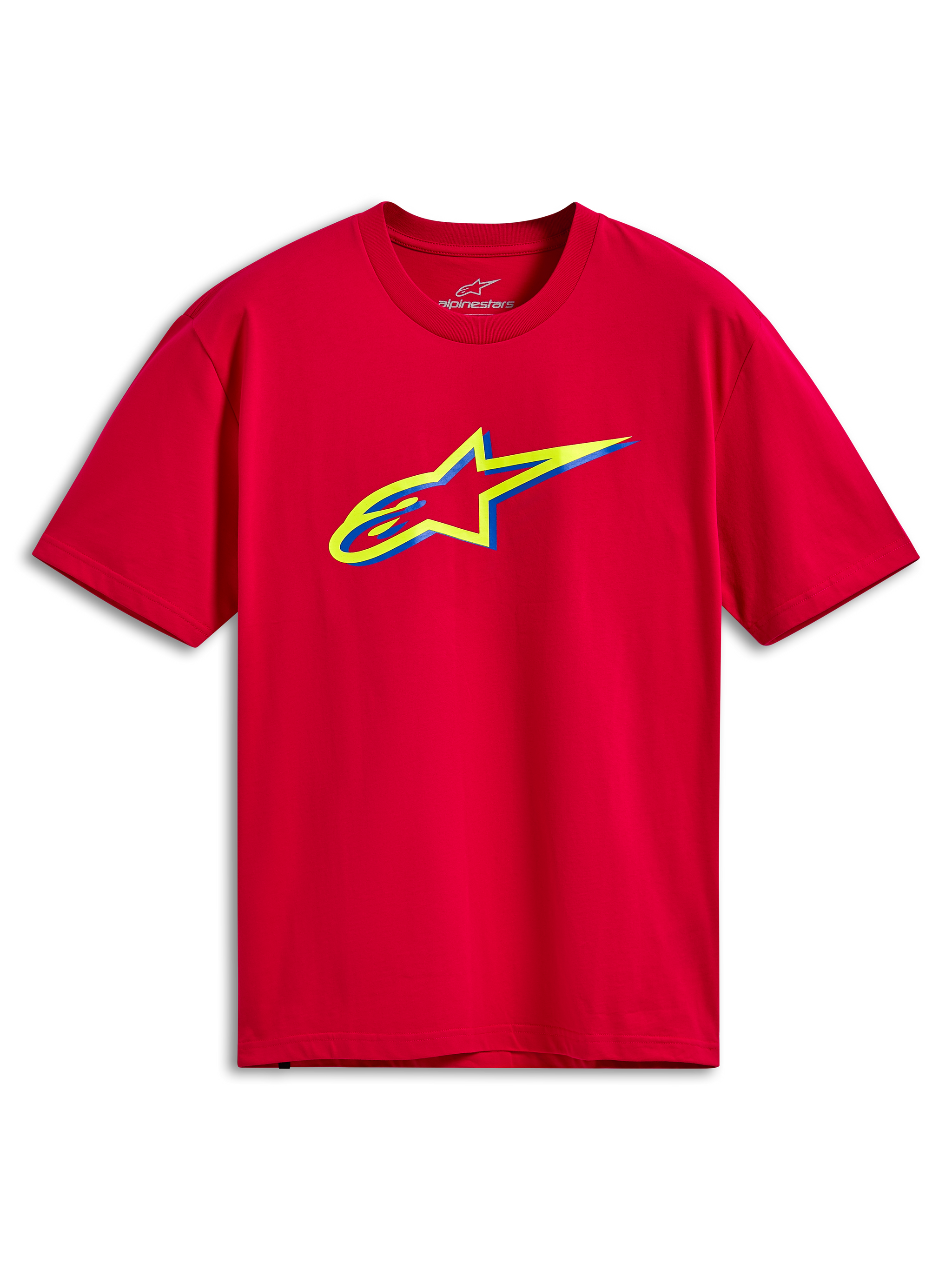 Alpinestars Ageless Shadow CSF Tee, Short Sleeve T-Shirt, Red, featuring a yellow and blue layered Ageless logo graphic on the chest, casual motorsport streetwear