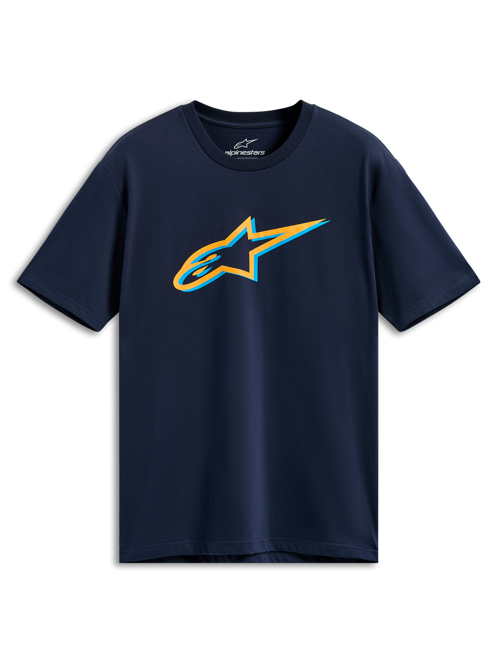 Alpinestars Ageless Shadow CSF Tee, Short Sleeve T-Shirt, Navy Blue, Orange and Light Blue Ageless Shadow Logo on chest, Casual Sportswear