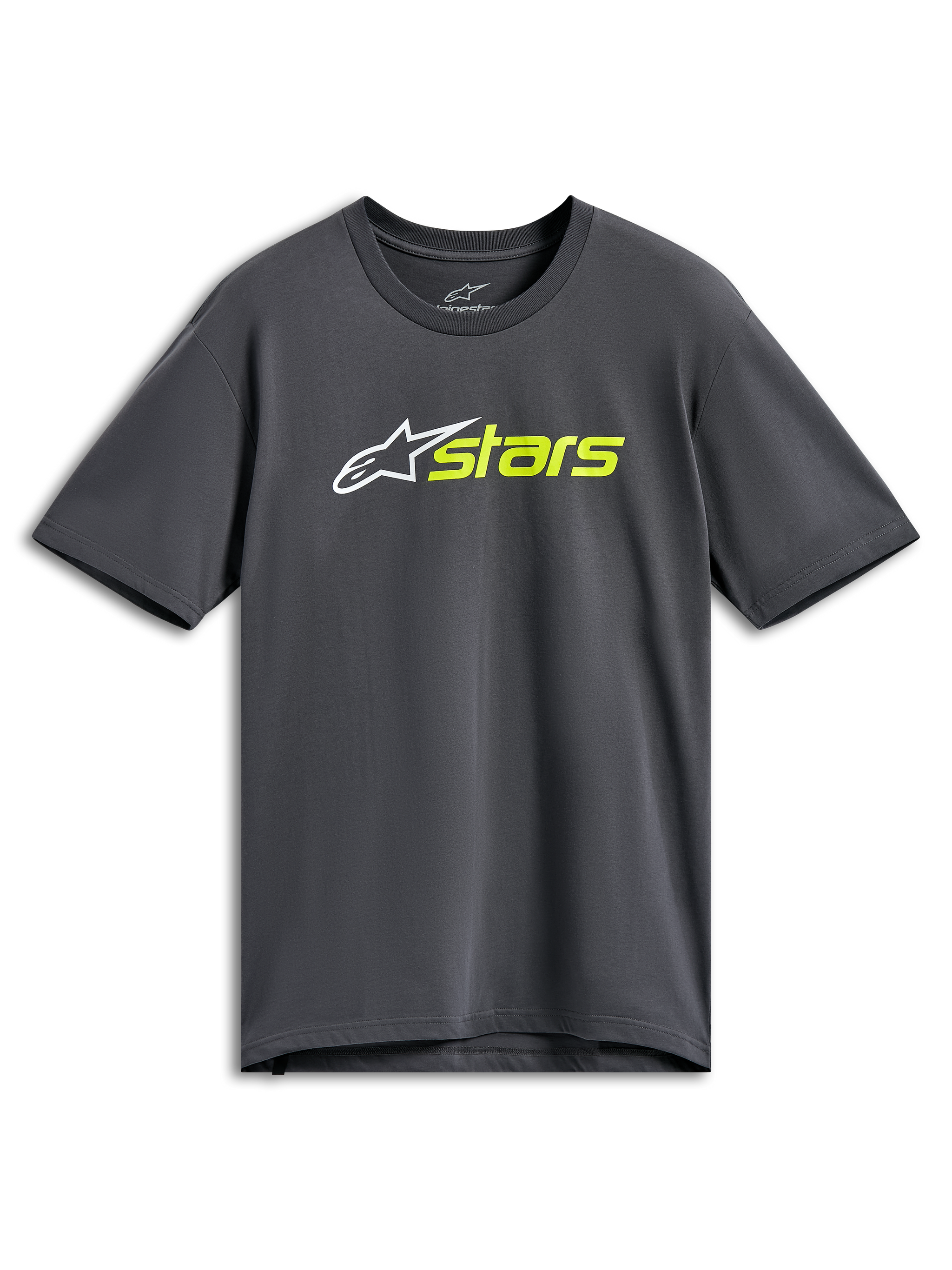 Alpinestars Blaze 2.0 CSF Tee, Short Sleeve T-Shirt, Charcoal Gray, White Star Logo with Hi-Vis Yellow Stars Text, Casual Motorsport Streetwear